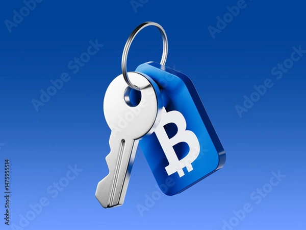 Obraz 3D render icon of a key with a bitcoin symbol tag. Represents cryptocurrency security, private keys, digital wallets, blockchain access and crypto asset protection.