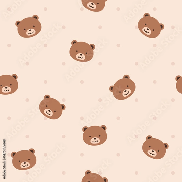 Fototapeta Seamless pattern of bear on pastel polkadot background