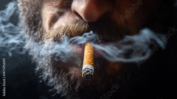 Obraz A bearded man holds a lit cigarette between his lips, surrounded by swirling smoke in a close up portrait.