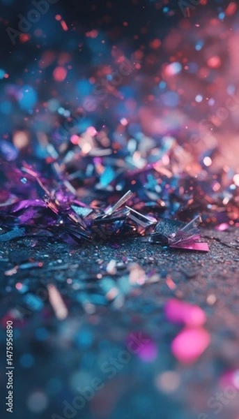 Fototapeta A close-up of a pile of metallic silver and purple metal shavings on the ground, with a blurry background, blue lighting, colorful metal pieces, and a dark pink light