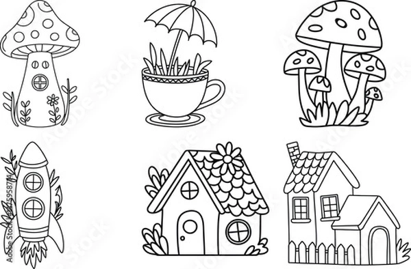 Fototapeta Whimsical Fantasy Houses and Nature Doodles – Black and White Line Art Collection