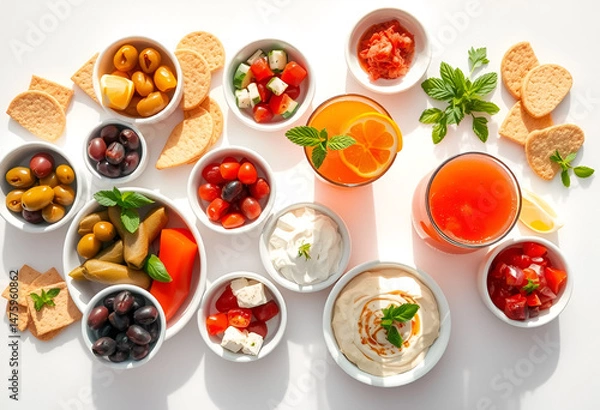 Fototapeta Set of fruits and vegetables Colorful fresh fruit bowls on white background – top view healthy food layout
