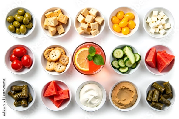 Fototapeta Set of fruits and vegetables Colorful fresh fruit bowls on white background – top view healthy food layout

