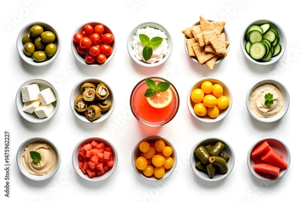 Fototapeta Set of fruits and vegetables Colorful fresh fruit bowls on white background – top view healthy food layout
