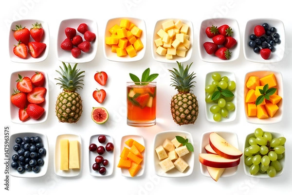Fototapeta Set of fruits and vegetables Colorful fresh fruit bowls on white background – top view healthy food layout

