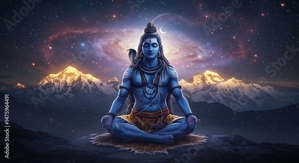 Obraz Lord Shiva in Deep Meditation amidst Himalayan Peaks and Celestial Wonders