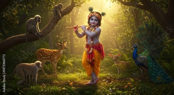 Fototapeta Krishna, the divine flute player, surrounded by enchanting forest creatures in a serene jungle setting, bathed in golden sunlight.