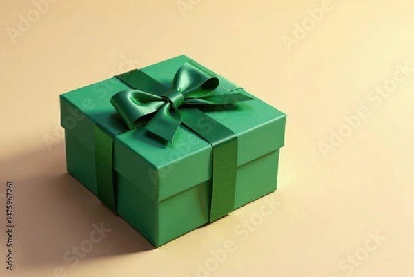 Fototapeta A luxuriously wrapped emerald green present box adorned with a meticulously tied satin ribbon bow, signifying a thoughtful gift or special occasion