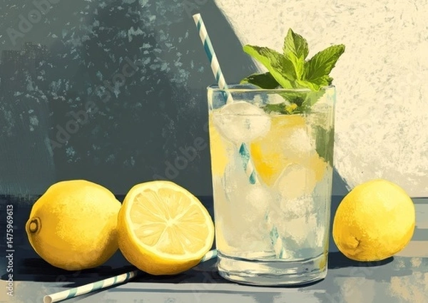 Fototapeta Refreshing Homemade Lemonade with Mint – Summer Drink in Mason Jar