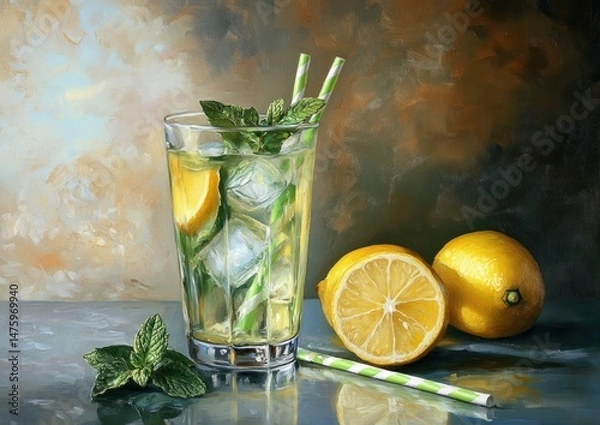 Fototapeta Refreshing Homemade Lemonade with Mint – Summer Drink in Mason Jar