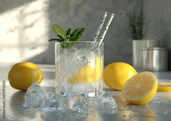 Fototapeta Refreshing Homemade Lemonade with Mint – Summer Drink in Mason Jar