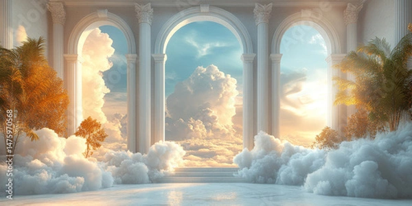 Obraz Luxury White Marble Hall with Classical Columns and Soft Cloudscape – Heavenly Temple Architecture in Blue Sky Fantasy Scene with Dreamy Sunlight. Wedding Inteior. Palace Interior background	