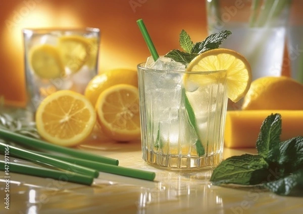 Fototapeta Refreshing Homemade Lemonade with Mint – Summer Drink in Mason Jar