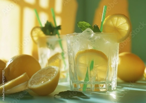Fototapeta Refreshing Homemade Lemonade with Mint – Summer Drink in Mason Jar