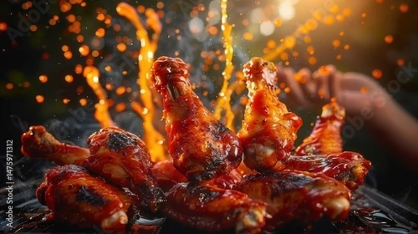 Fototapeta Close-up view of juicy, grilled chicken wings, covered in a flavorful sauce.