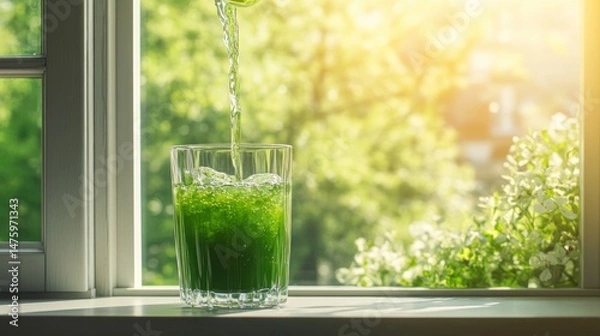 Fototapeta A glass of water with a greenish liquid is being poured from the top, standing on an office window sill against the backdrop of spring nature outside the windows. 