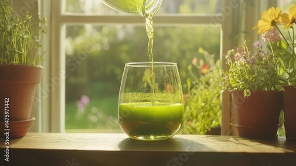 Fototapeta A glass of water with a greenish liquid is being poured from the top, standing on an office window sill against the backdrop of spring nature outside the windows. 