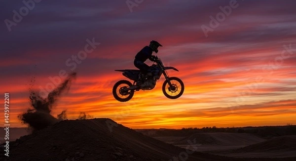 Obraz Motorcycle rider jumping at sunset