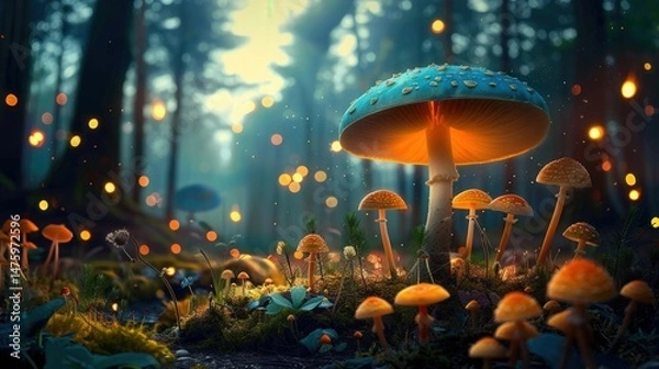 Obraz Whimsical forest scene featuring glowing mushrooms and enchanting bokeh lights, full of wonder.
