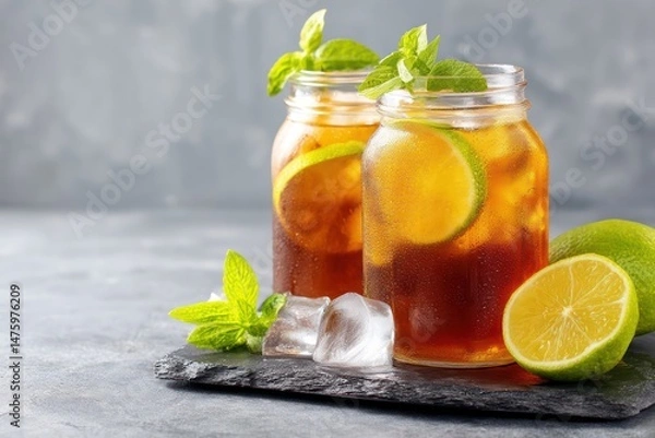 Fototapeta Iced tea mockup with blank label space to showcase your custom branding or logo design.