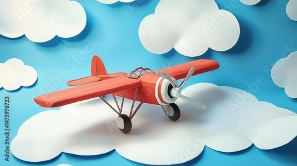 Fototapeta A single toy airplane resting on a cloud-shaped play mat, with paper clouds surrounding it.