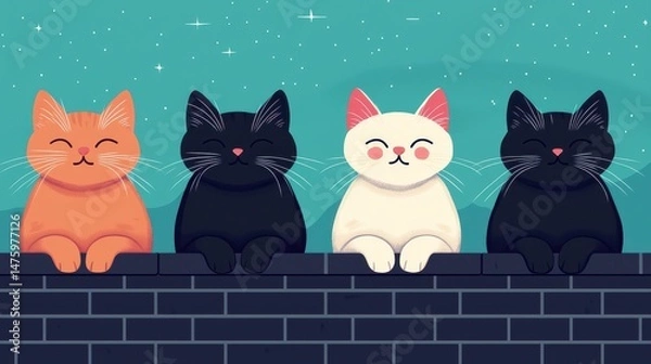 Fototapeta Colorful Cartoon Cats Sitting on a Wall Against a Starry Night Sky with a Playful and Whimsical Atmosphere