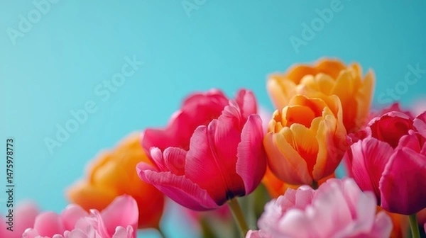 Fototapeta Vibrant Colorful Tulips in Bloom Against a Soft Blue Background for Spring and Floral Inspiration