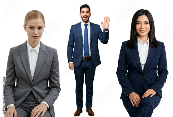 Fototapeta Three diverse young adult business professionals, including two women and one man in suits, posing against a transparent background, with the man waving.