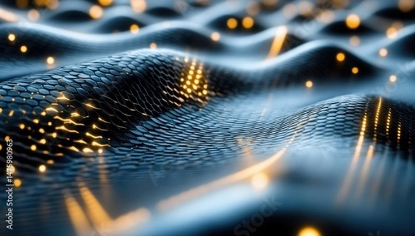 Obraz Abstract dark surface with glowing, textured patterns.  Surface ripples with a honeycomb pattern and golden highlights, creating a futuristic, technological aesthetic