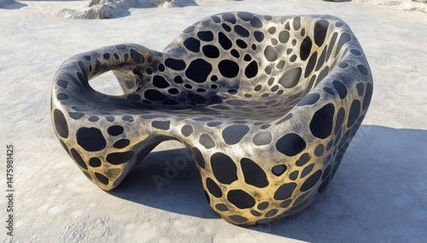 Obraz Sculptural, organic couch with a speckled, black and gold finish, situated on a light beige surface.  Detailed, flowing, abstract shapes