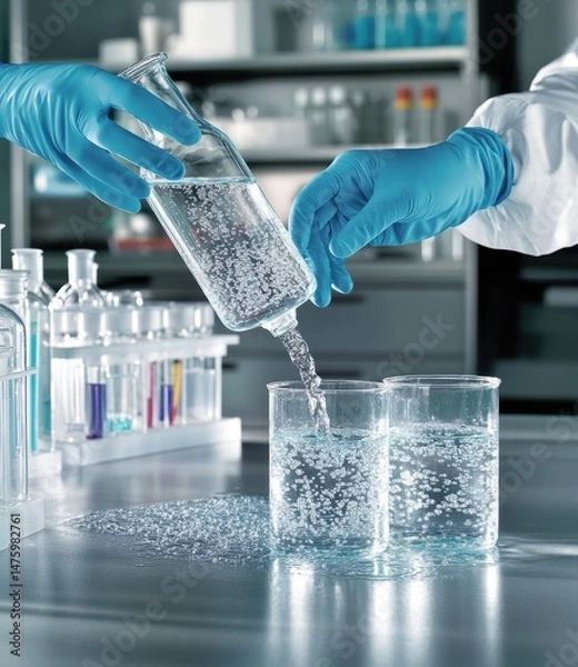 Obraz Hands in blue gloves transfer clear liquid from a glass bottle into two beakers.  Laboratory setting with various test tubes and equipment