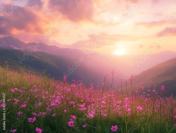 Fototapeta Sunrise over a mountain meadow filled with blooming pink flowers wideangle view capturing the vibrant colors and morning mist rolling over the hills