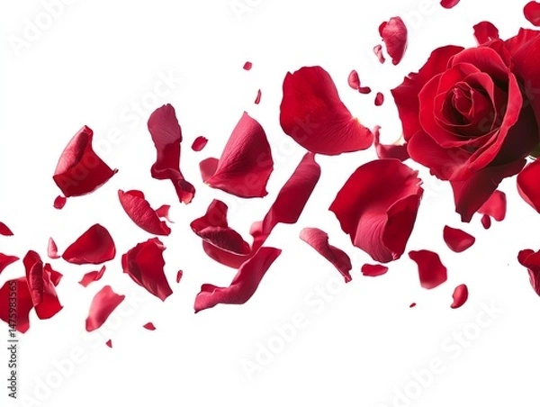 Fototapeta Swirling red rose petals floating in midair against a white background isolated and dynamic capturing the essence of romance and movement