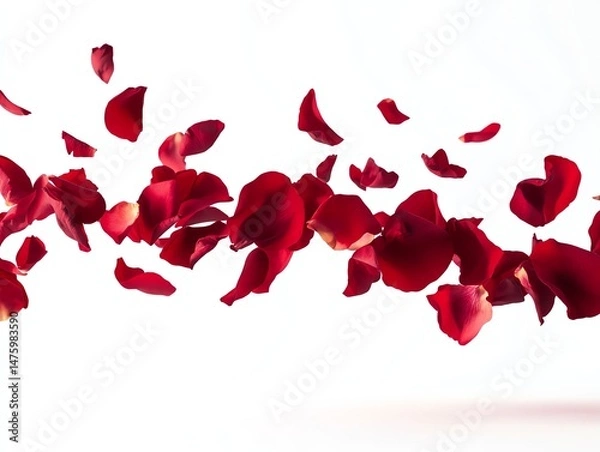Fototapeta Swirling red rose petals floating in midair against a white background isolated and dynamic capturing the essence of romance and movement