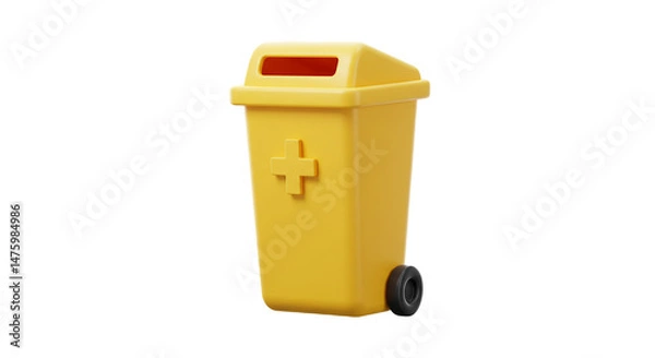 Obraz A yellow medical waste bin with a plus sign on the side against a black background in a studio shot