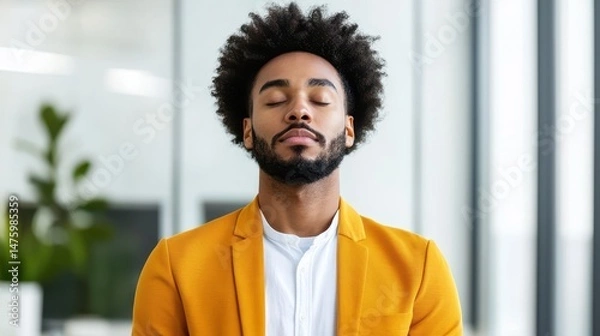 Fototapeta Young man meditating peacefully in modern office with natural light and plants creating a serene environment