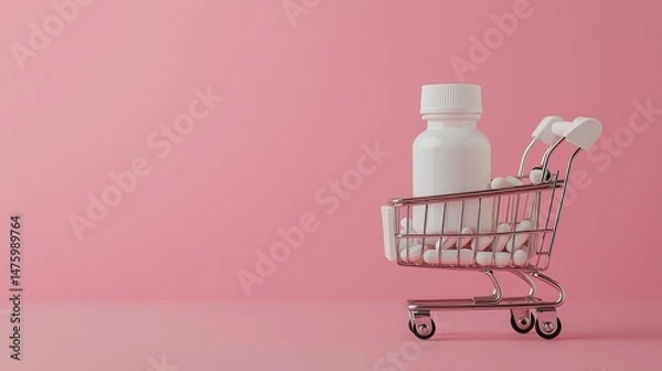 Fototapeta Shopping Cart with White Bottle and Pills on Pink Background for Health and Wellness Concepts