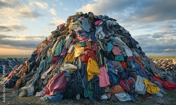 Fototapeta Large pile of discarded clothing in landfill symbolizing textile waste and environmental pollution impact
