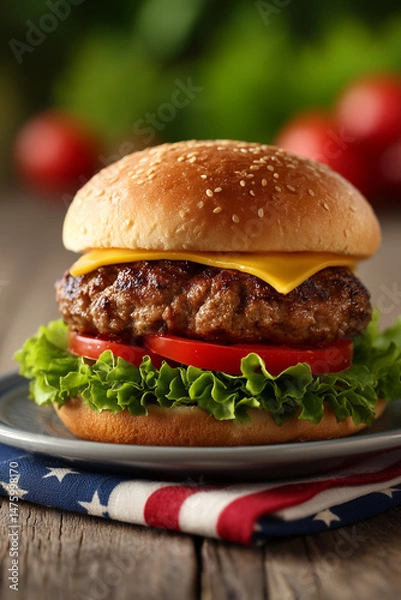 Fototapeta Classic cheeseburger with lettuce and tomato on sesame bun with American flag napkin