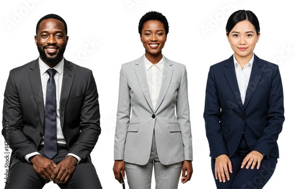 Fototapeta Diverse group of three professional business people, including a Black man, a Black woman, and an East Asian woman, wearing suits and smiling for a studio portrait.