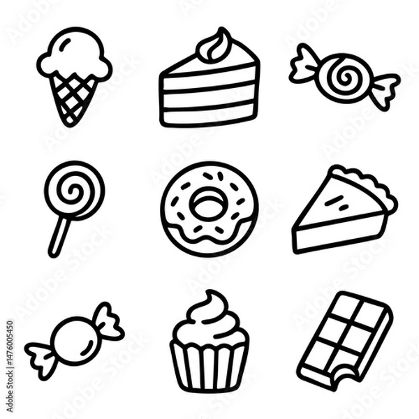 Fototapeta A set of doodle line icons featuring desserts and sweets like ice cream, cake, candy, donut, pie, cupcake, and chocolate bar