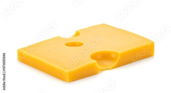 Fototapeta Yellow Cheese Slice with Holes on White Background