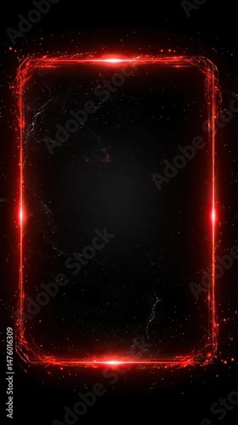 Obraz Neon red rectangular frame against dark gradient cosmic backdrop, with shining glares and particles