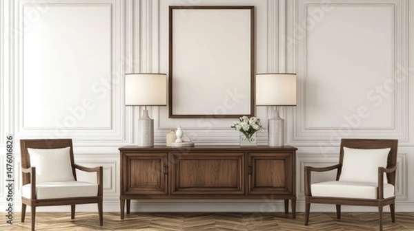 Obraz Elegant interior design scene with wooden furniture and a blank picture frame.