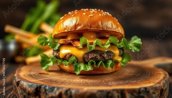 Fototapeta Artisanal Cheeseburger with Leafy Greens and Crispy Bacon on Rustic Wood Platter Display