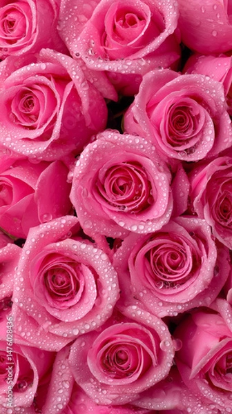 Fototapeta Close-up of pink roses with water droplets on petals, full frame floral background