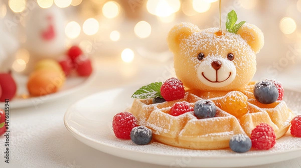 Obraz A delightful teddy bear-shaped dessert sits atop a plate of waffles, adorned with fresh berries and powdered sugar. children's menu desserts.