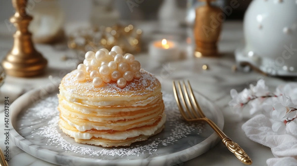 Obraz Delicious stack of pancakes topped with white pearls and powdered sugar, elegantly presented on a marble plate