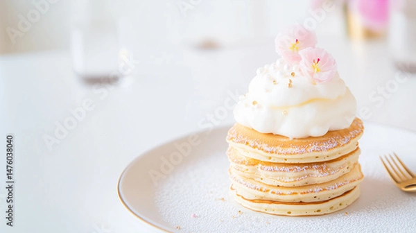 Obraz Fluffy pancakes adorned with whipped cream and delicate flowers, perfect for a sweet breakfast or dessert