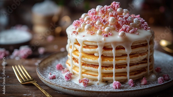 Obraz Sumptuous layered pancakes drizzled with icing and adorned with pink and white toppings, perfect for a cozy brunch setting
